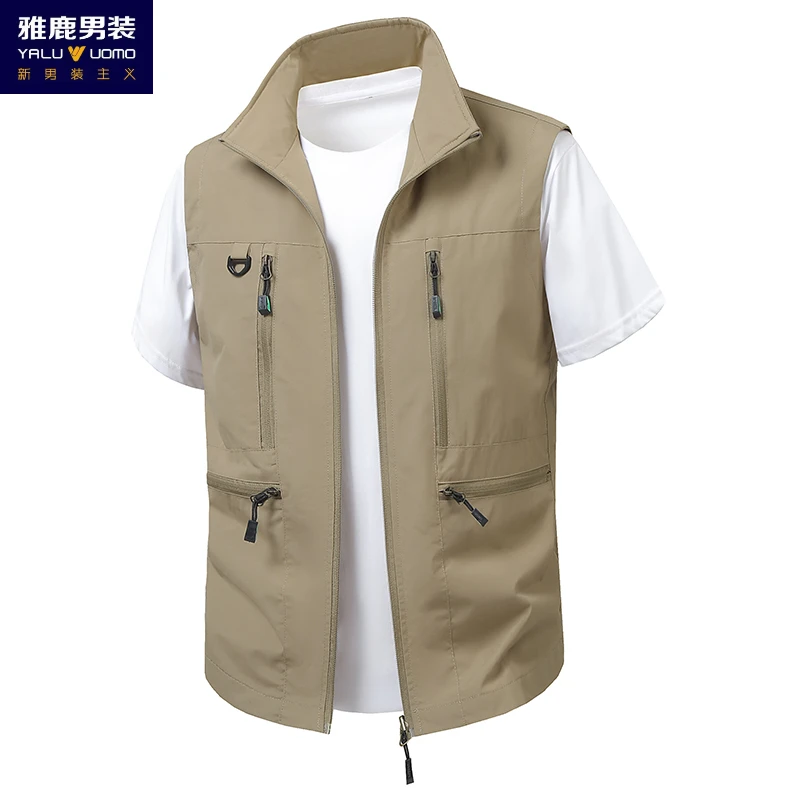 雅鹿男装新款马甲爆款立领多袋工装户外摄影钓鱼坎肩大码男款背心