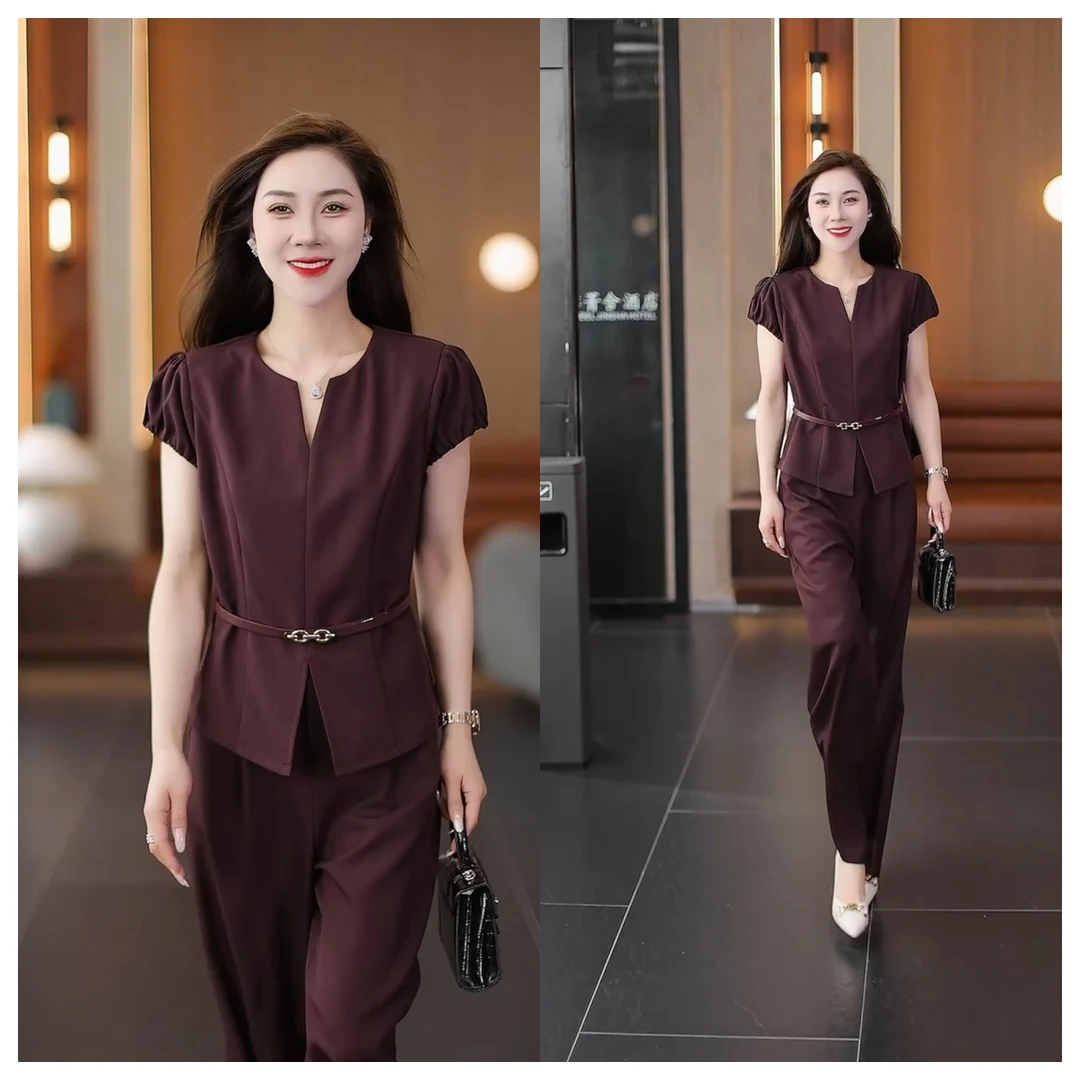 时尚套装女正装夏季新款款洋气显瘦法式收腰V领上衣阔腿裤两件套