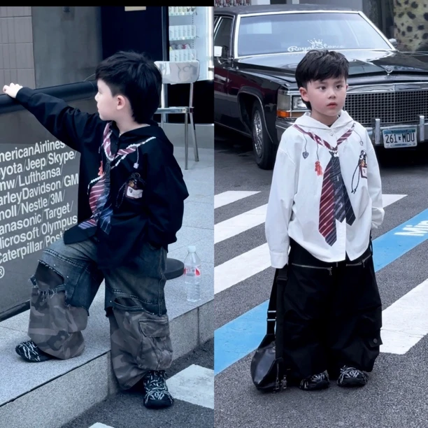 Jimmy妈童装【趣味领带】秋季新款儿童领带印花连帽衬衫外套开衫
