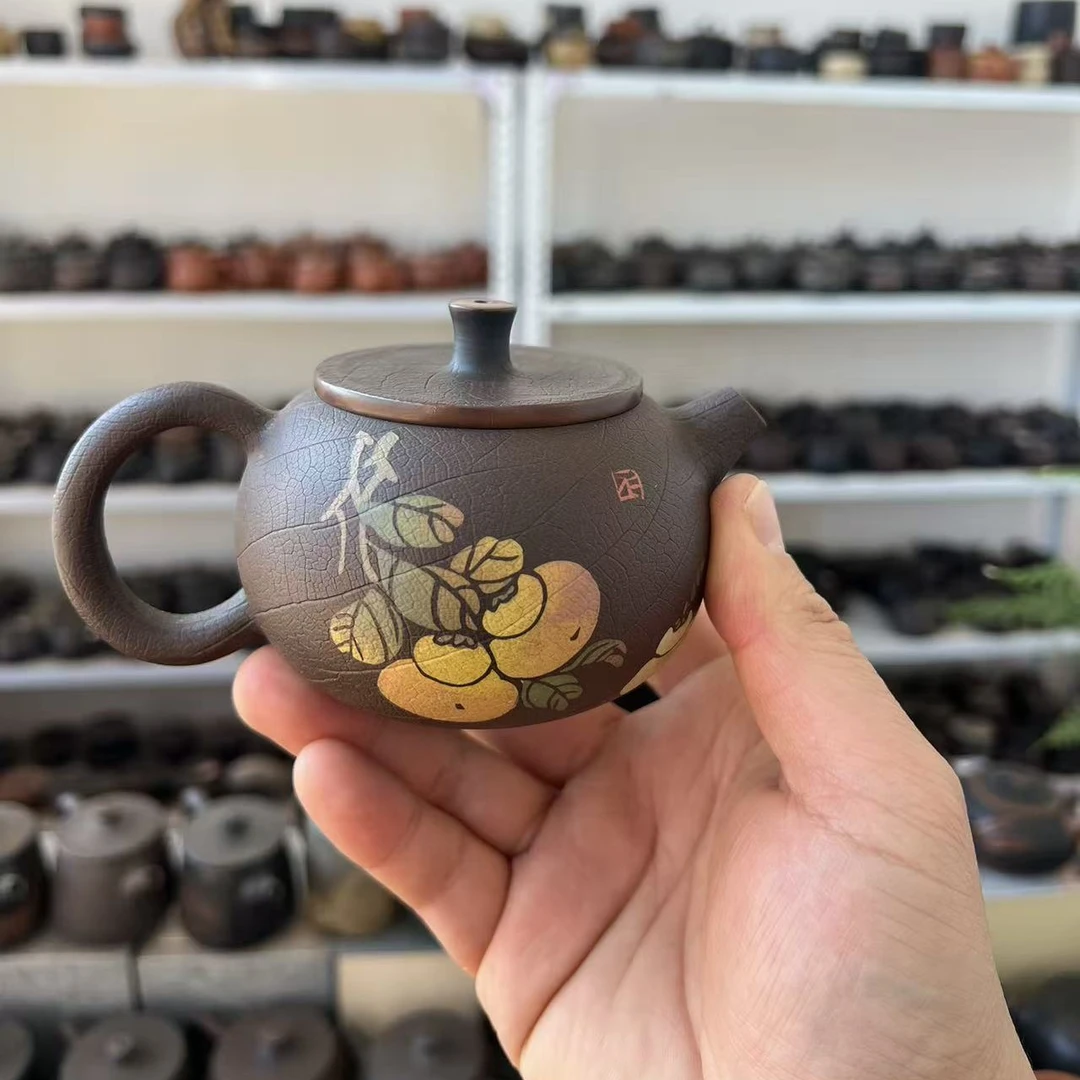 建水紫陶 叶脉纹刻填苹果壶  手工壶全品特价