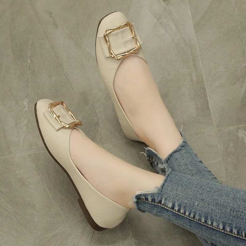 爆款豆豆鞋女新款平底防滑牛筋软底女单鞋方扣百搭一脚蹬女瓢鞋