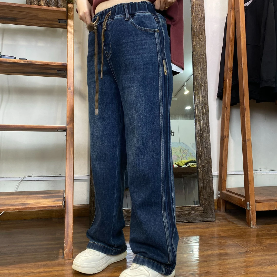 复合绒牛仔裤-23154大码女装秋冬棉质胖MM高腰宽松中通深蓝厚款