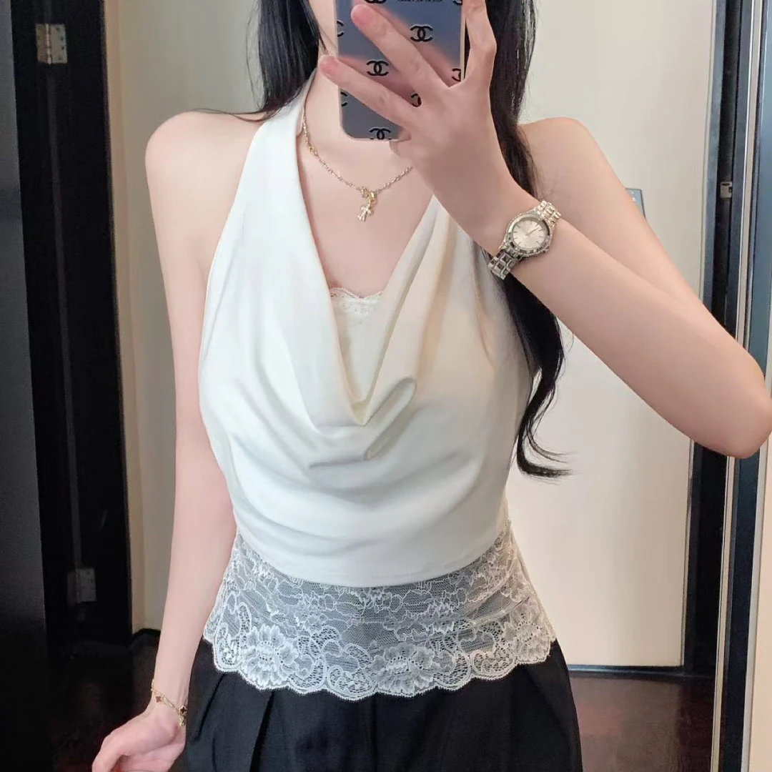 【法式荡领】纯欲蕾丝挂脖绑带背心女修身显瘦一体式带胸垫上衣