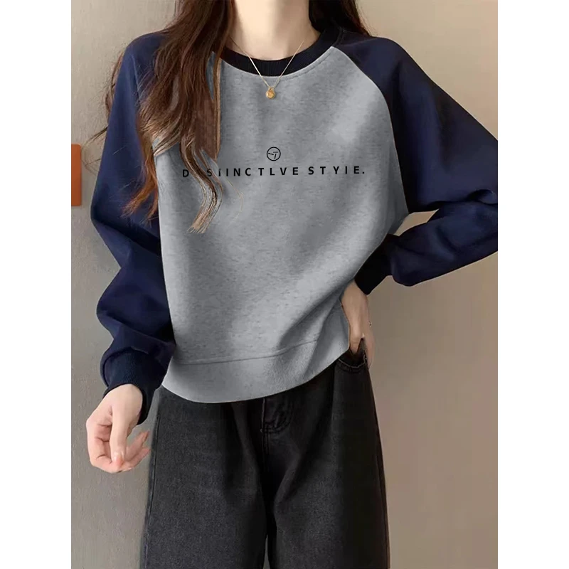 美式复古插肩长袖加绒卫衣女秋冬短款小个子宽松套头外套爆款上衣