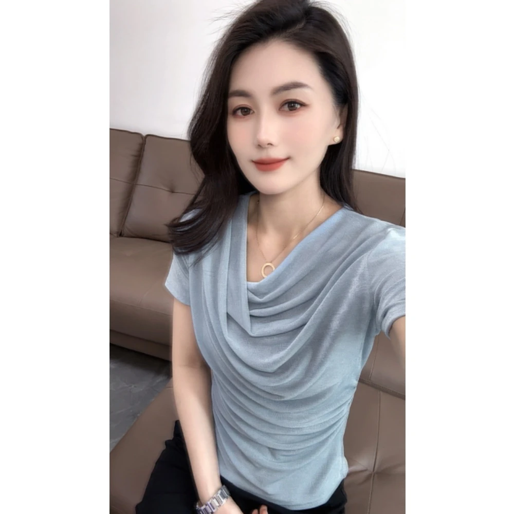 V领收腰显瘦网纱短袖女2025年夏季新款纯色百搭小衫褶皱修身T恤潮