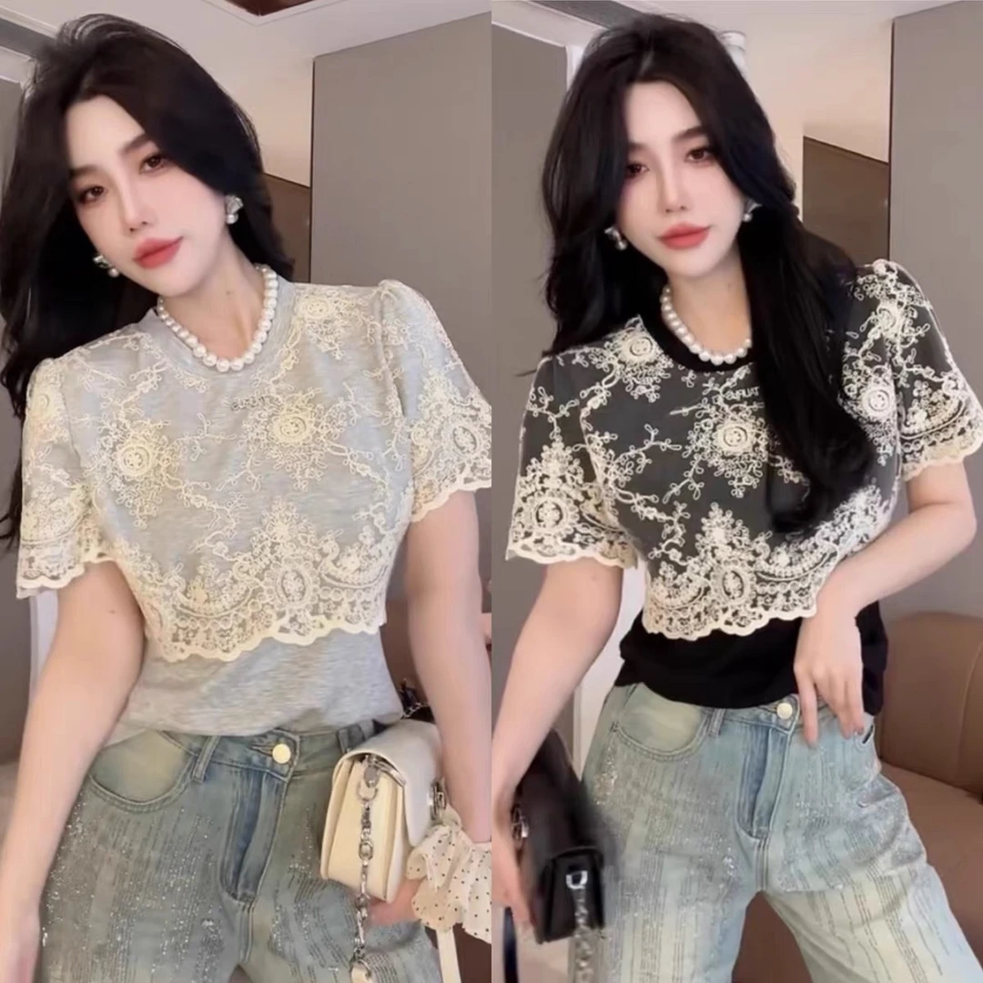 欧货时尚设计感假两件蕾丝披肩拼接短袖T恤女洋气百搭气质上衣潮