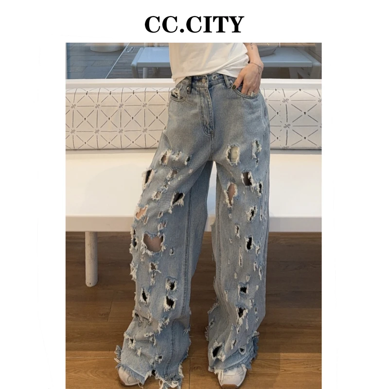 【蔡丽丽&添羽】时尚洋气个性百搭重工牛仔破洞休闲裤6x823