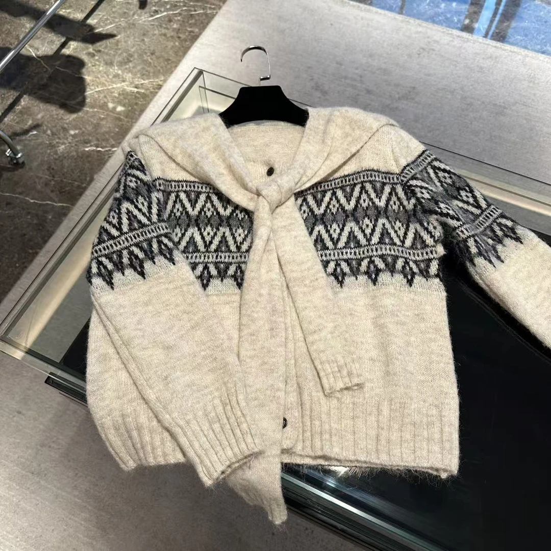 费尔岛提花圆领针织开衫毛衣 J000230