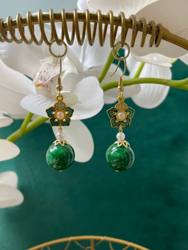 干青深色小花珐琅配件耳饰