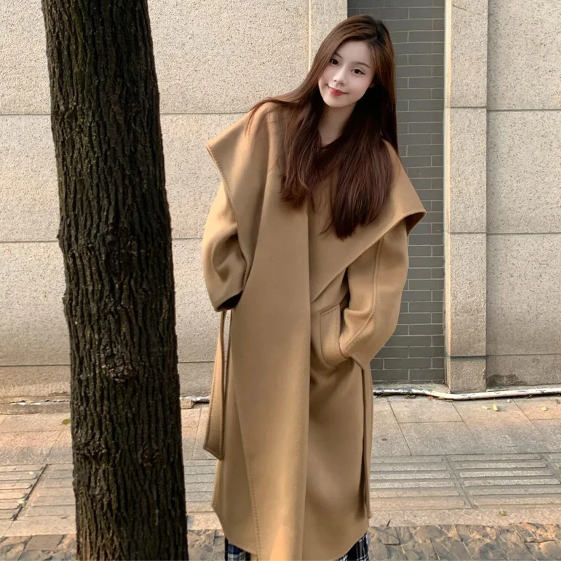 2025秋冬新款慵懒风大翻领驼色双面羊绒大衣中长款系带毛呢外套