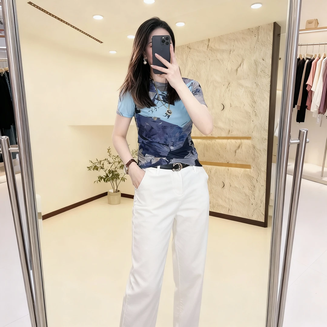 新中式夏季新款短袖T恤2025时尚圆领女上衣印花打底衫遮肉显瘦