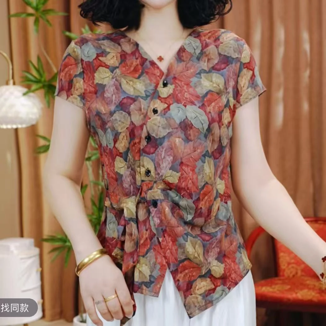 2025夏季新款休闲洋气短袖气质百搭V领显瘦开衫扣上衣小衫