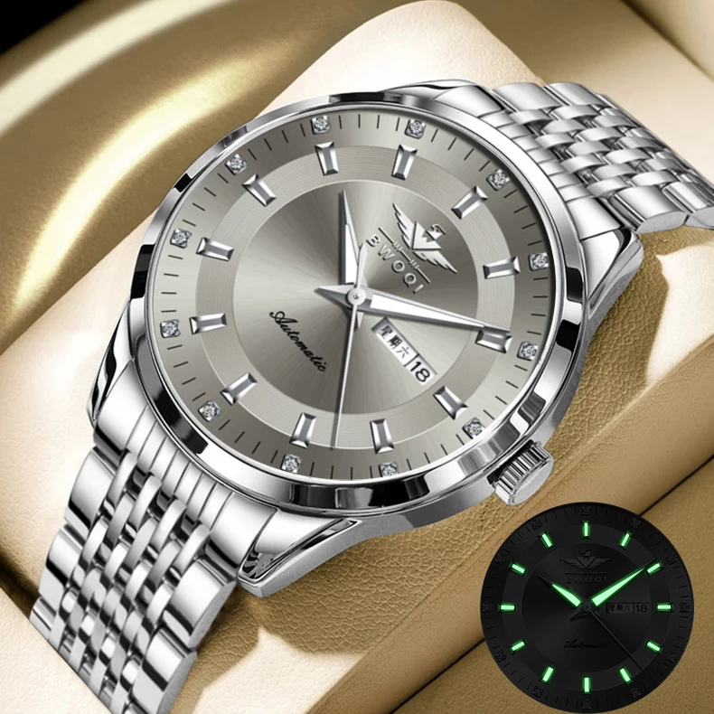 【瑞士品质】夜光高级灰/正品全自动双日历镂空防水钢带时尚手表男