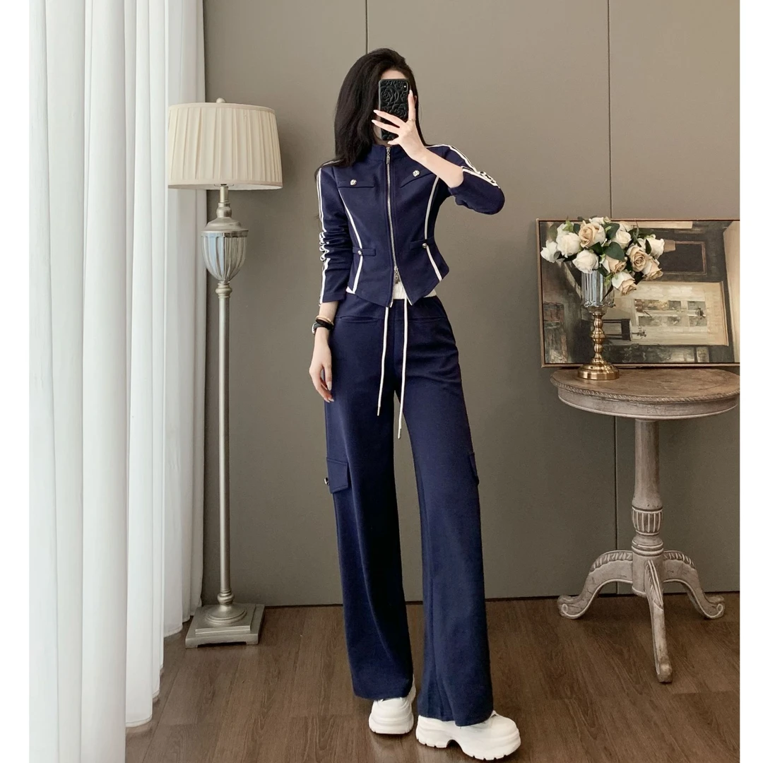 美式复古撞色条纹卫衣女秋冬韩版洋气质减龄显瘦时尚休闲运动套装