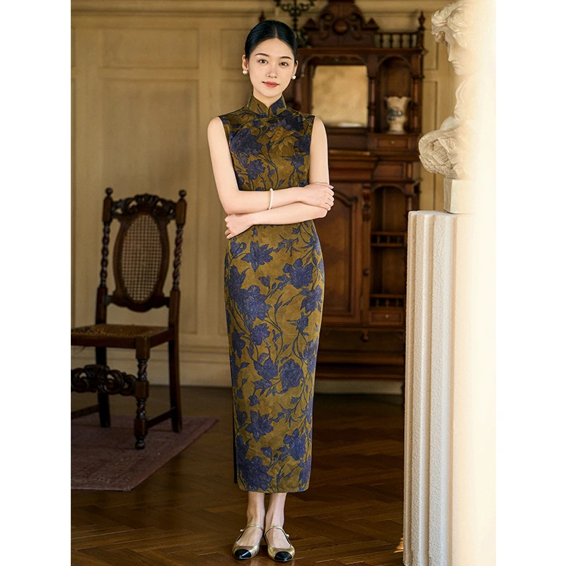 【莲幽梦】良辰媄锦桑蚕丝香云纱港工手工中长款旗袍衣长约130CM