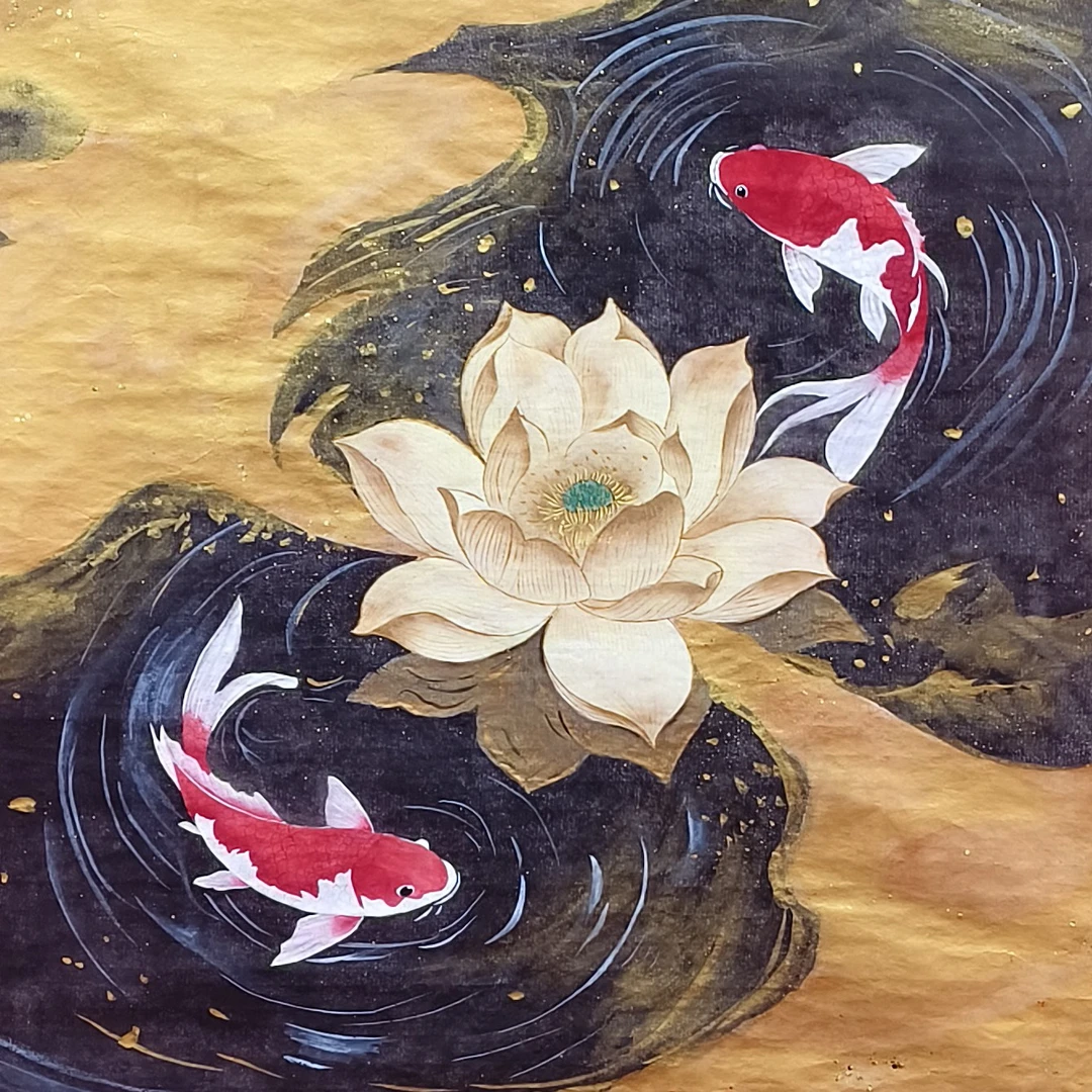 国画四平尺斗方荷花鱼《连年有余》附收藏证书手绘国画