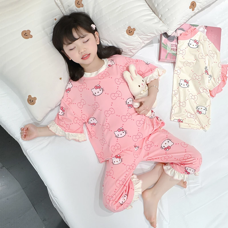 4卡通猫咪女童睡衣套装夏季薄款1-2-3-6岁女童小童女孩家居服亲肤