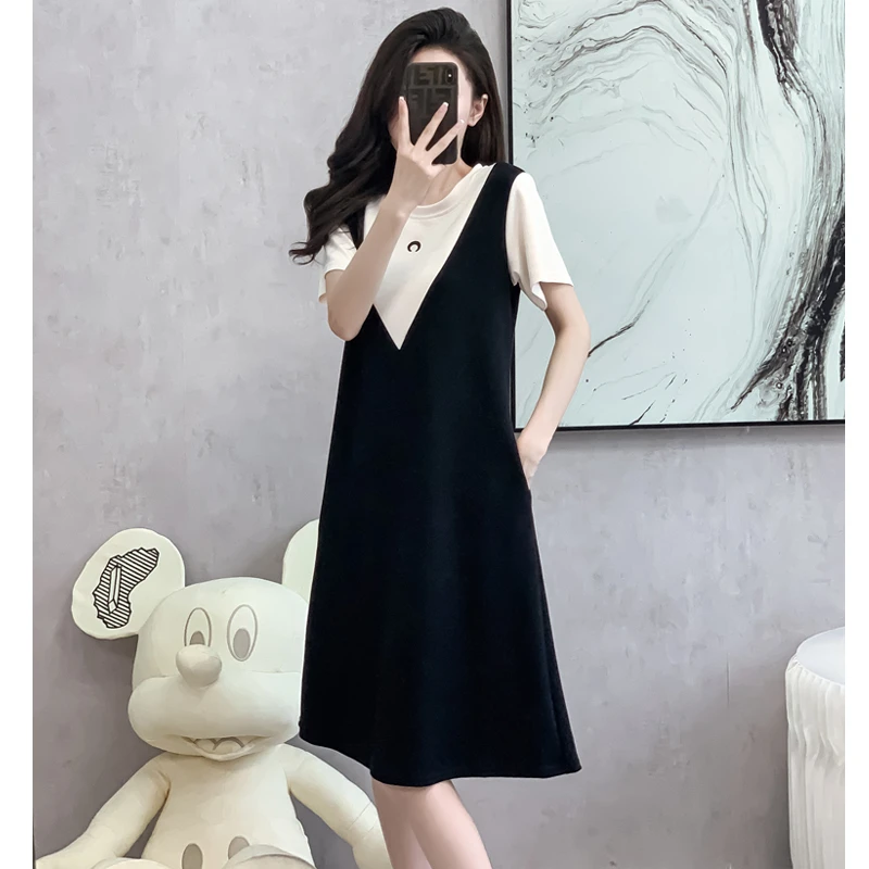 2025夏装新款短袖简约休闲假两件拼接显瘦黑色连衣裙803