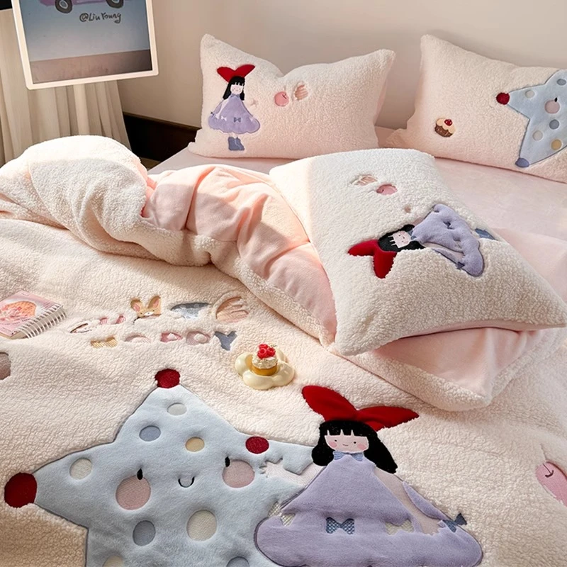 冬季公主风羊羔绒加绒加厚四件套牛奶绒双面绒被套床单人三件套