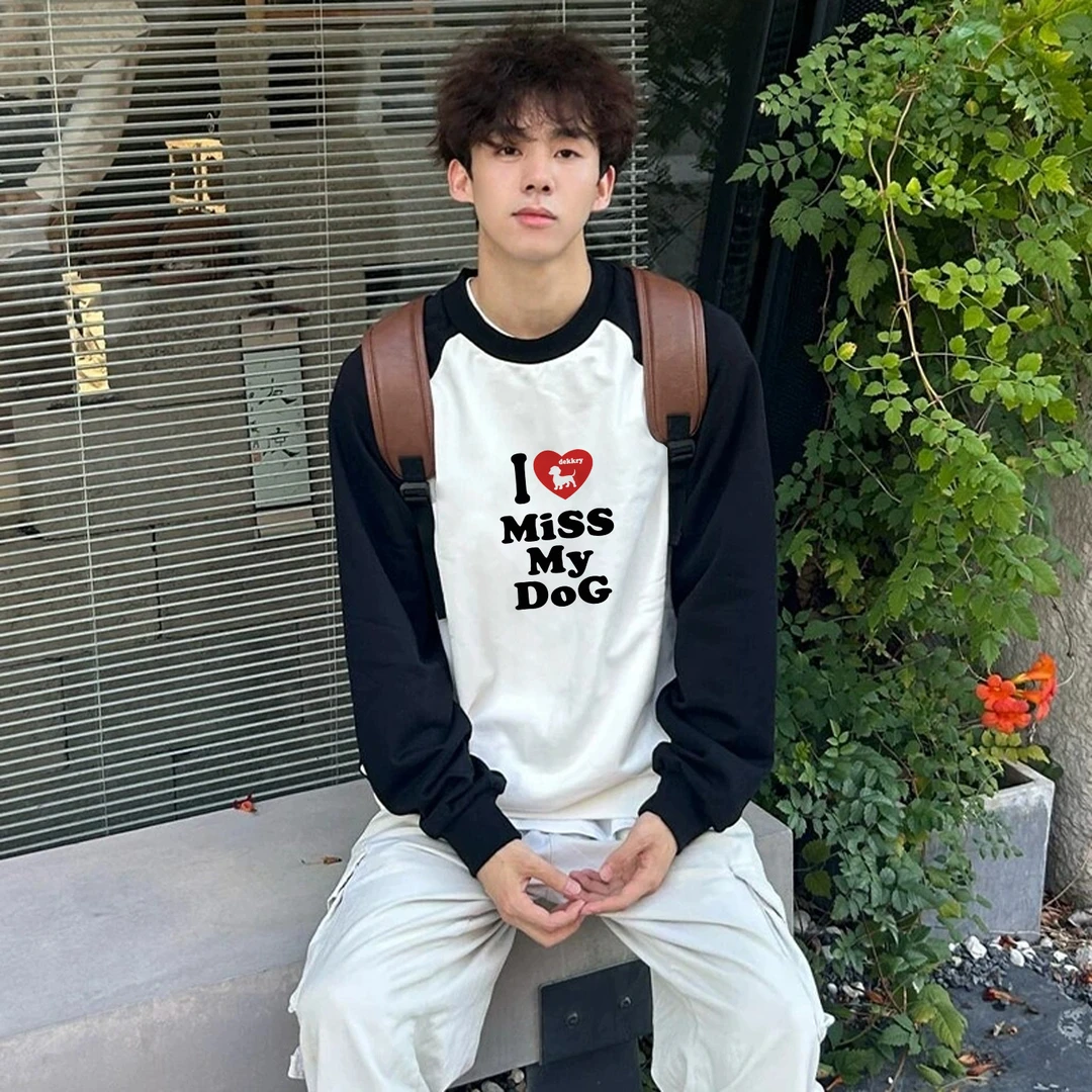 100%纯棉美式个性爱心字母印花拼接长袖T恤男女秋季休闲情侣上衣