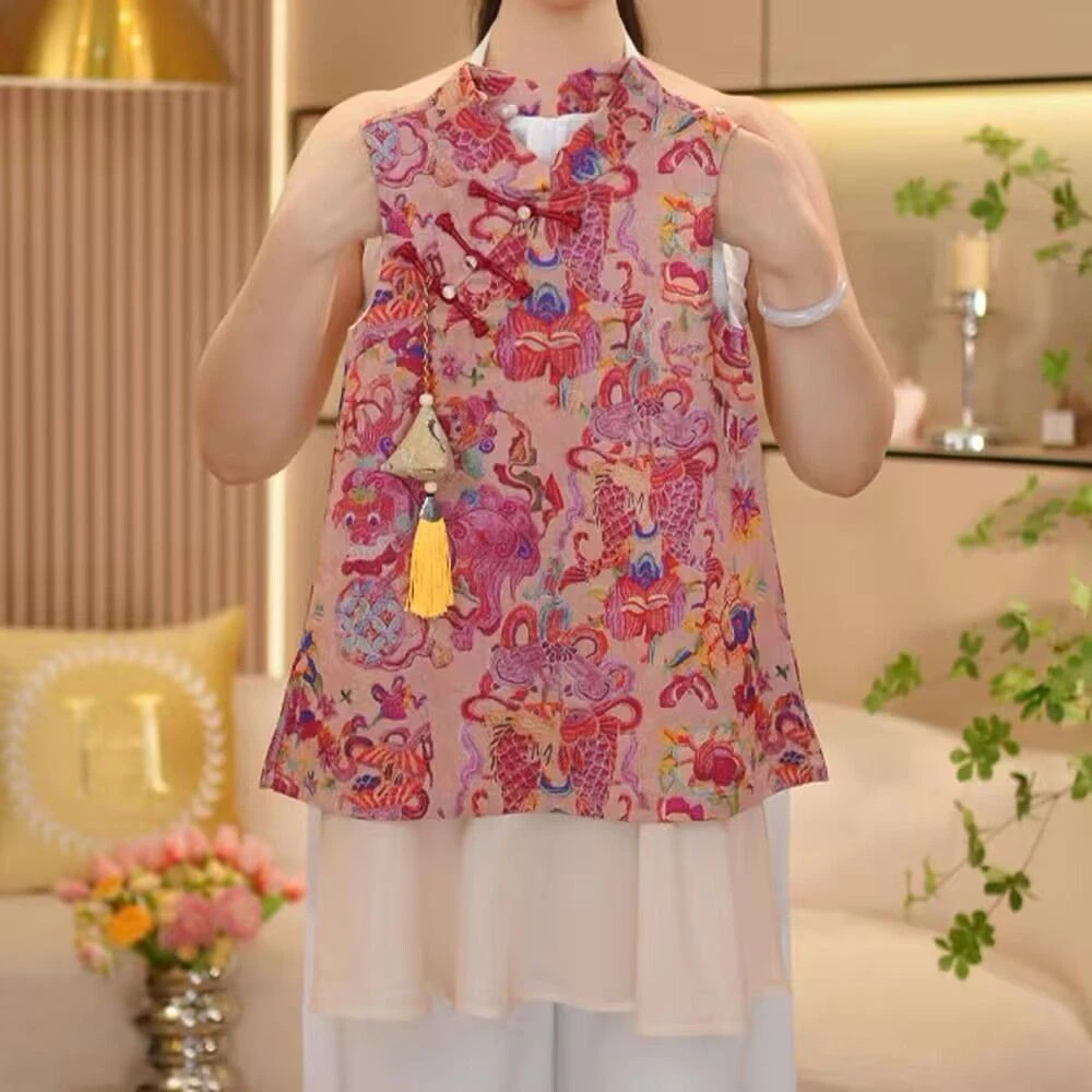 女童新中式无袖旗袍裙2025夏季假两件背心裙国风盘扣连衣裙提花潮