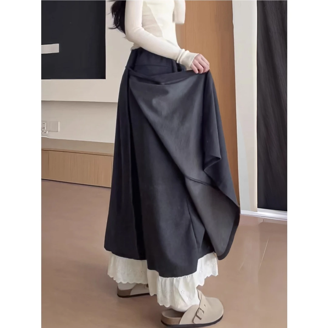 拼接蕾丝花边阔腿裤女2025新款秋冬百搭高腰休闲宽松显瘦A字裙裤