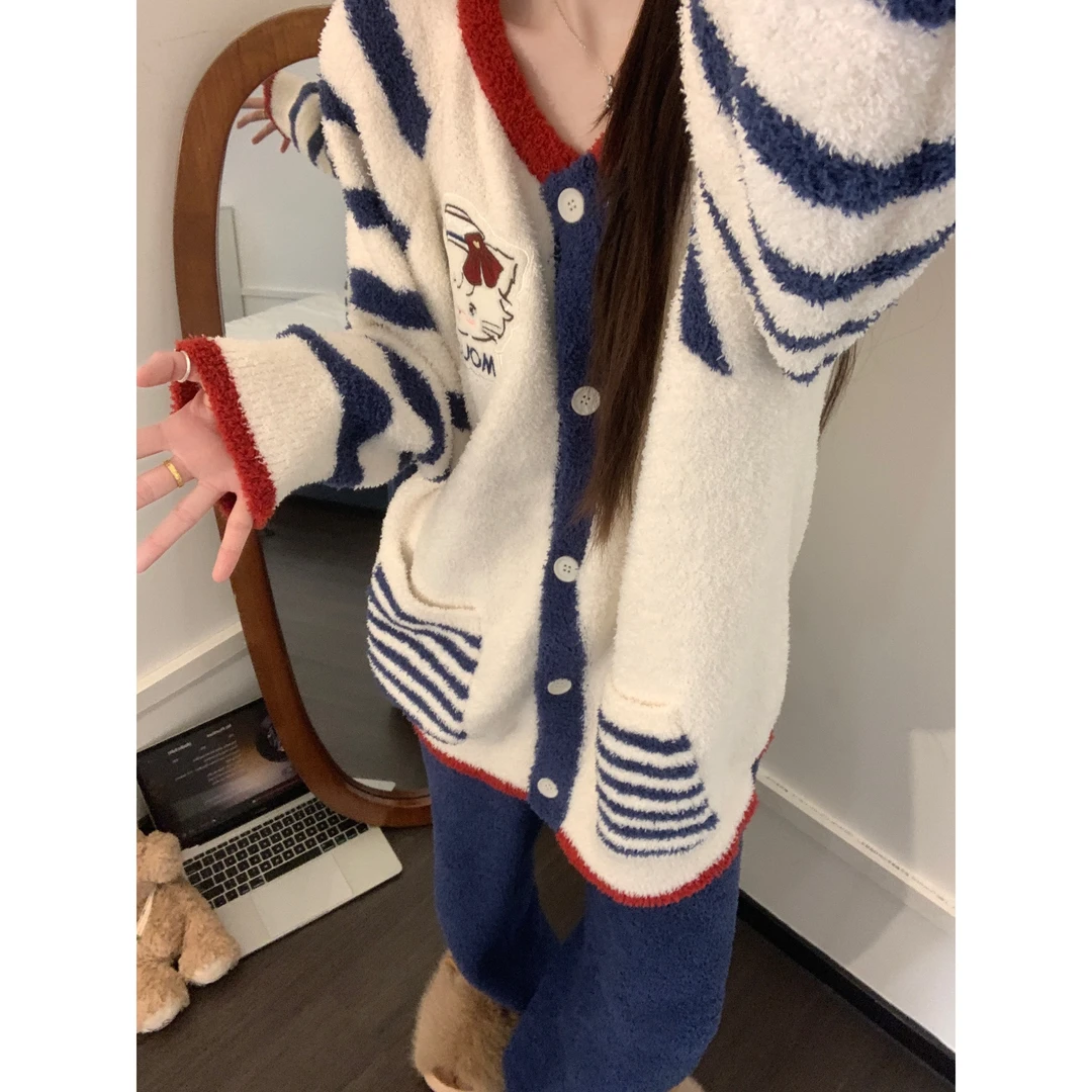 可爱卡通Kitty猫半边绒睡衣女秋冬新款加厚保暖家居服套装可外穿