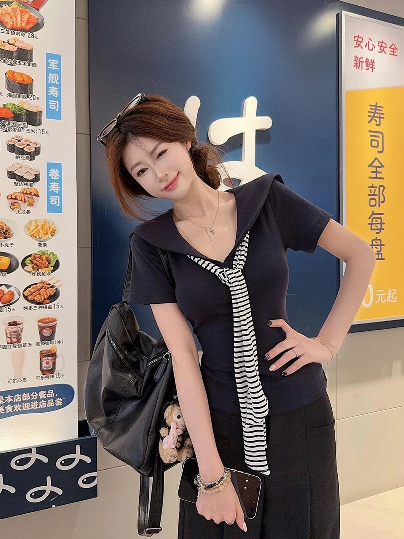 韩系海军领条纹领带短袖T恤女夏季披肩假两件修身显瘦V领短款上衣