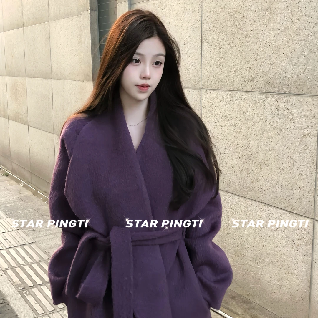 羊毛大衣女秋冬轻奢高端名媛气质系带收腰大翻领浴袍双面呢子外套