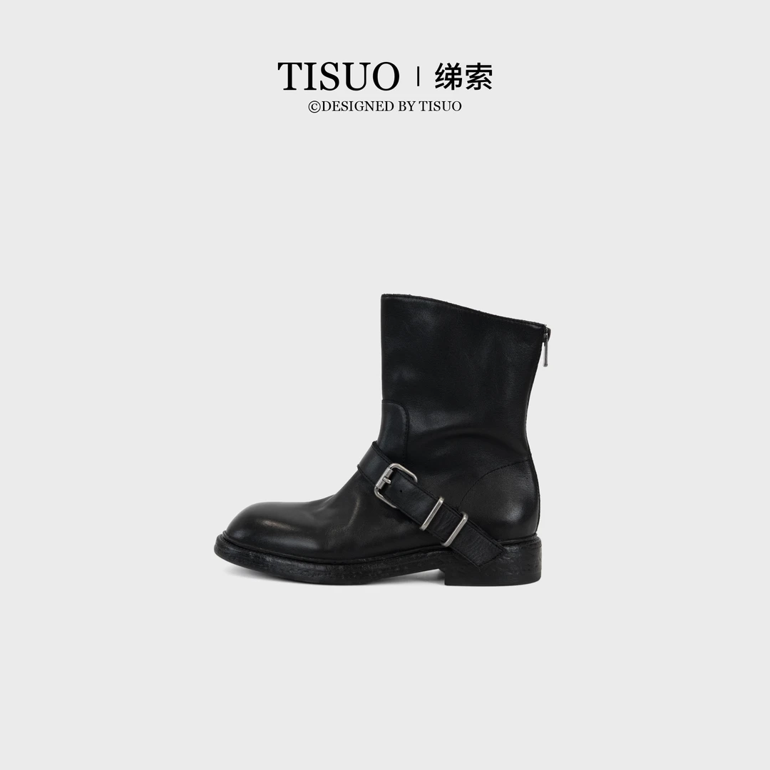 TISUO/绨索英伦风圆头侧扣粗跟水洗牛皮机车靴TS510316