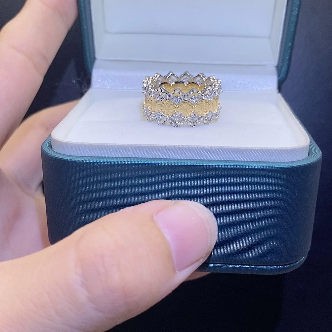 戒指/指环18K金镶嵌钻石拉丝蕾丝黄白双色