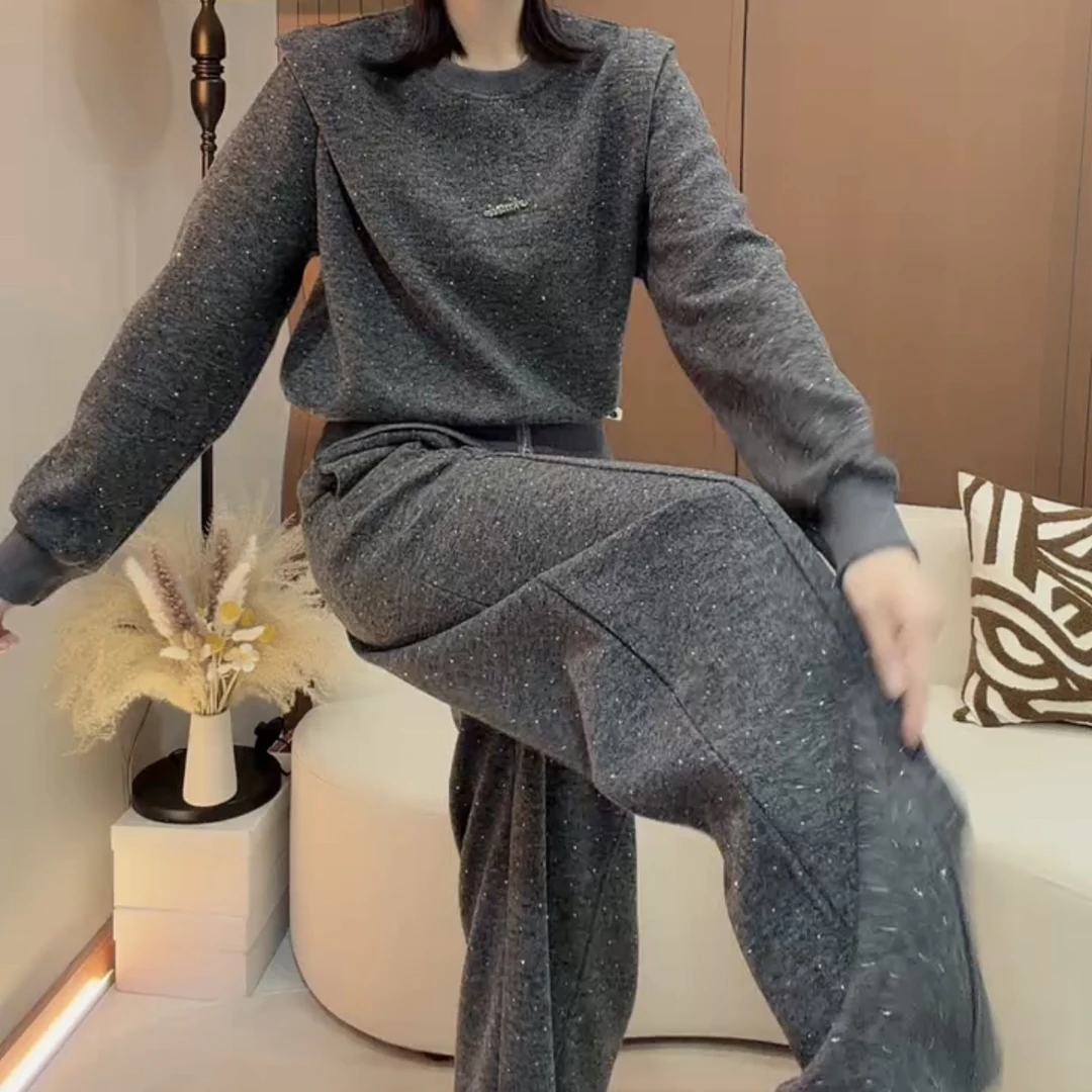 秋冬新款时尚显瘦气质网红高档长袖上衣直筒长裤满钻两件套
