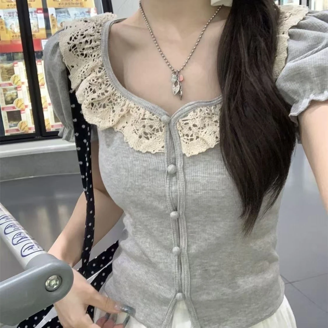 蕾丝拼接泡泡袖T恤女装2025夏季修身短款上衣直播间备注编码拍