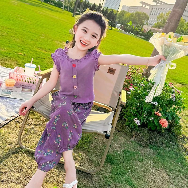 女套头纯色碎花夏季甜美韩版套装中大童夏款阔腿网红