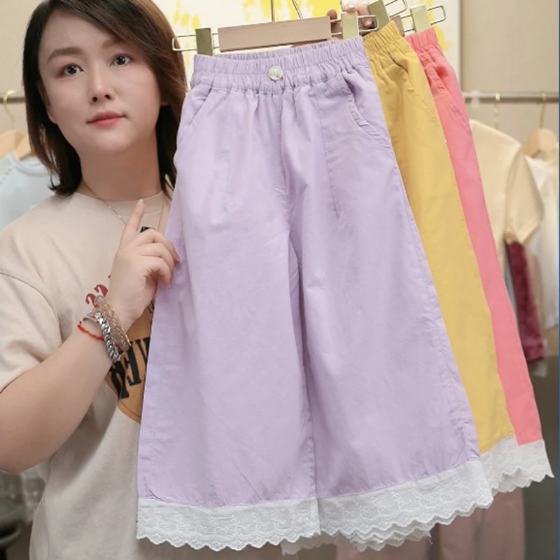娜姐定制100%棉夏季女童凉快透气阔腿裤9分版多巴胺纯棉女童裤子