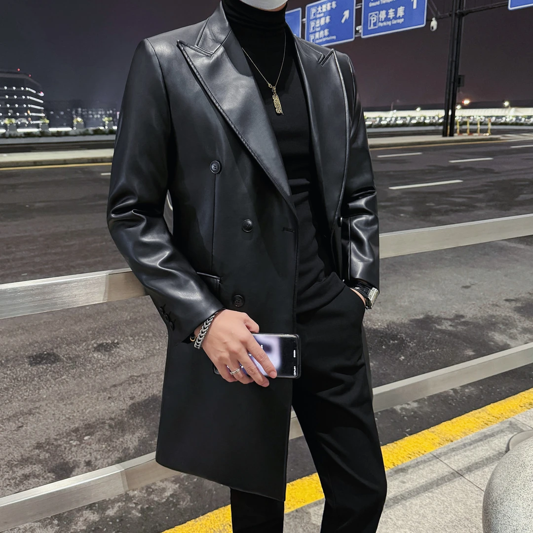 黑色长款加厚皮衣男双排扣翻领潮流痞帅高