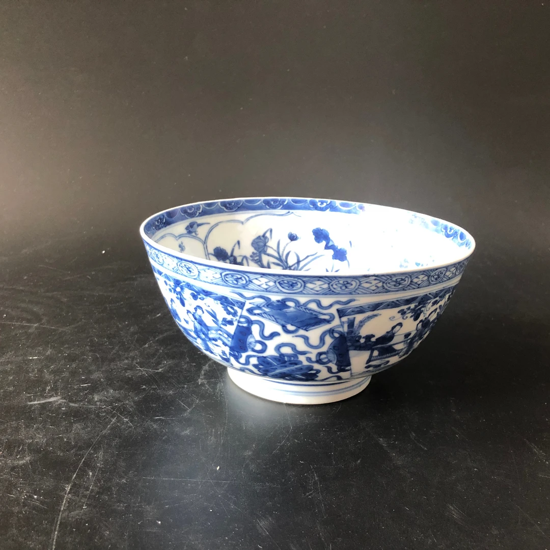 25091014清康熙内外青花人物花卉纹碗 口径16.7cm高8.2cm