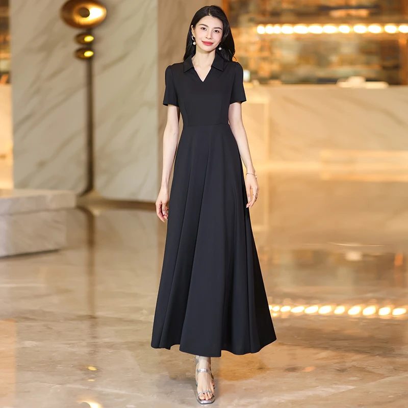 轻奢显瘦收腰时尚气质长款连衣裙赫本风小黑裙大摆过膝长裙新款女