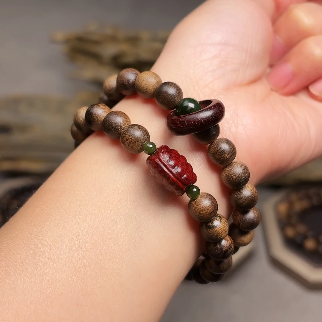 沉香手串越南芽庄瘤疤绿棋楠0.8小叶紫檀雕刻设计