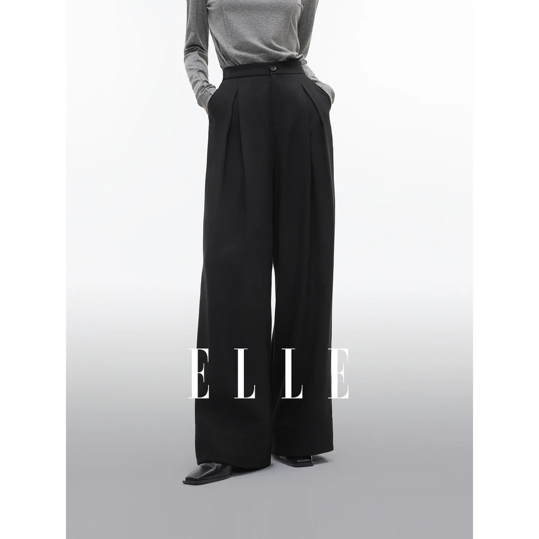ELLE女装黑色拼接格纹裤子2025秋季新款通勤亚麻阔腿裤EK51935