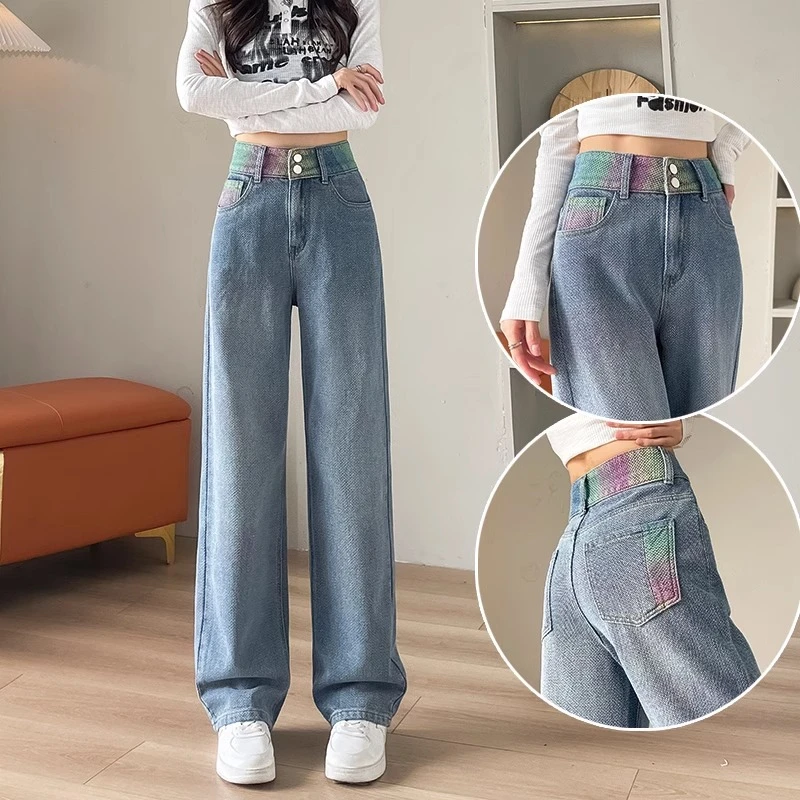 星空纹阔腿牛仔裤女春秋季2025年新款高腰显瘦渐变直筒流行裤子