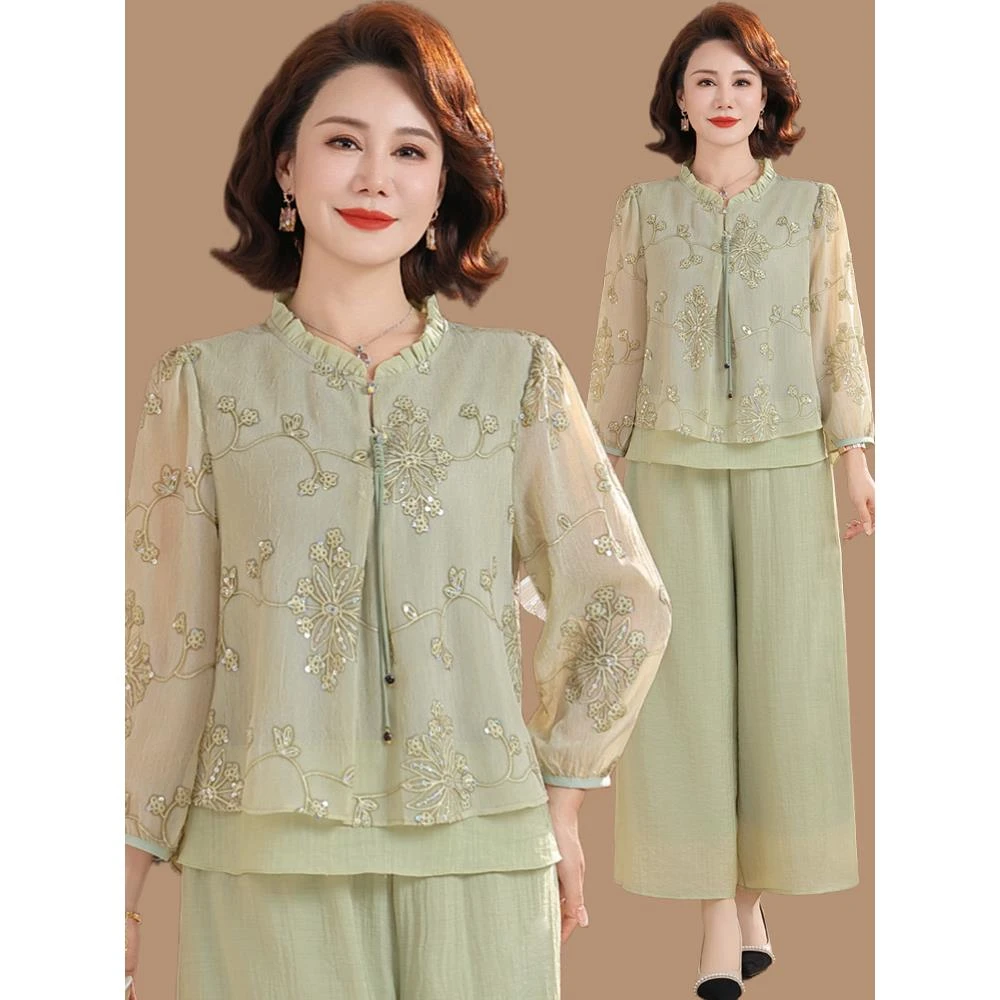 中式妈妈夏季七分袖套装2025新款中老年女雪纺提花刺绣国风上衣薄