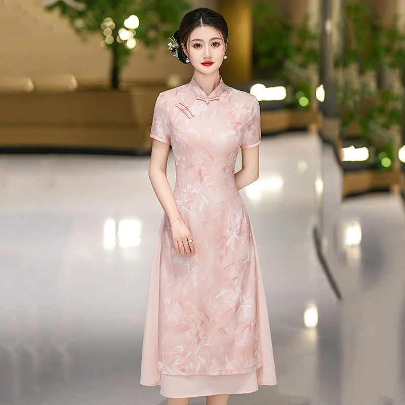 HA3283新中式奥黛旗袍连衣裙微胖遮肚子2025新款显瘦年轻款改良版