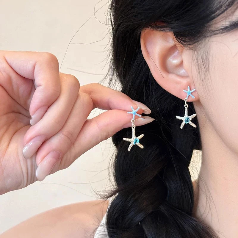 海洋之心~ 蓝色海星流苏耳钉女小众独特设计高级感耳环耳饰品1552