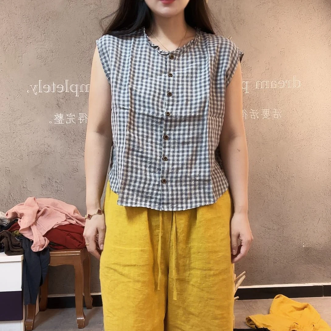 紫色格子亚麻上衣