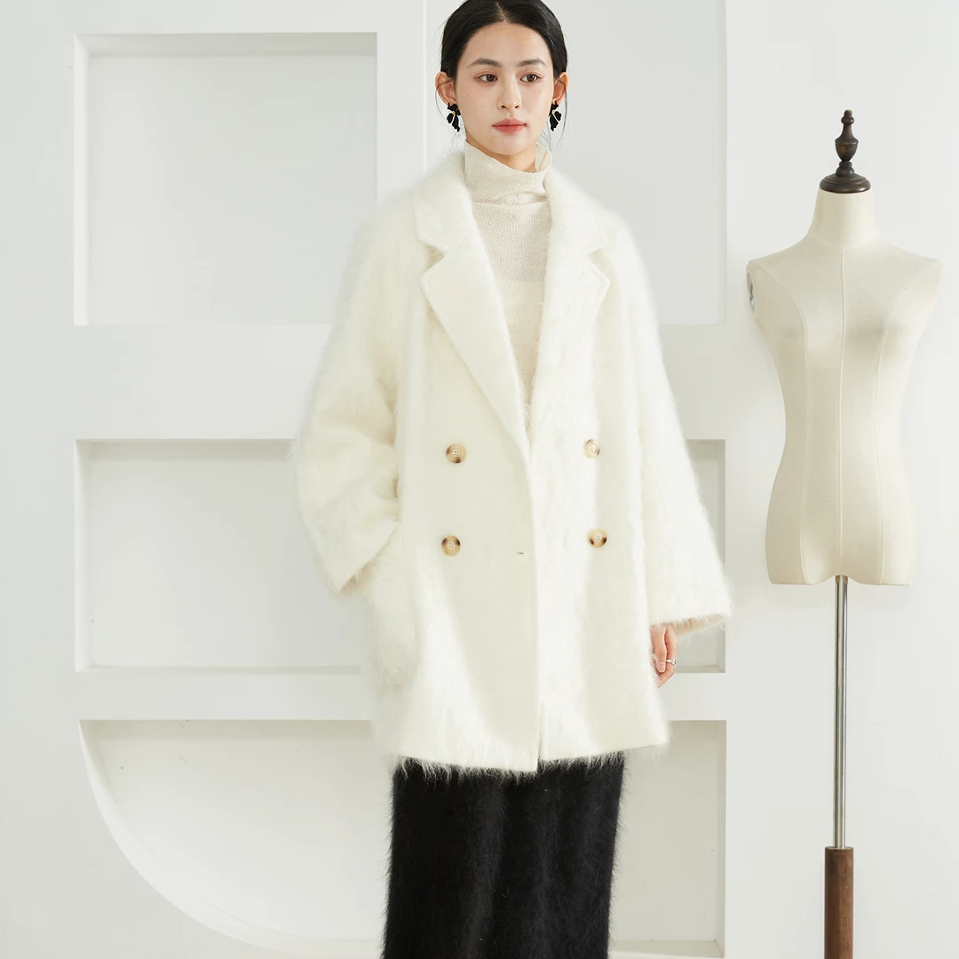 SILVIYE100山羊绒中长拉绒大衣女“皮草大衣”加厚排扣外套冬WTD350