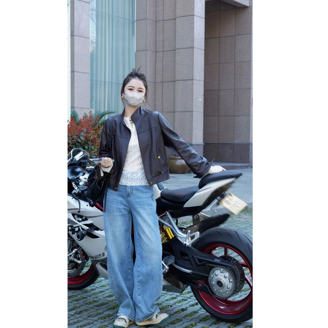 以赛亚 春野梦境 休闲小立领短款机车绵羊皮泡皮真皮夹克皮衣2502