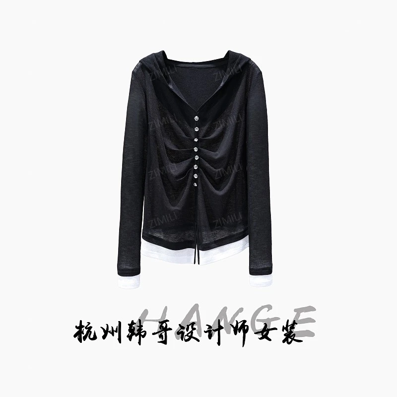 【韩哥女装】2025欧版暗夜黑钉扣压褶休闲爽肤衣9818