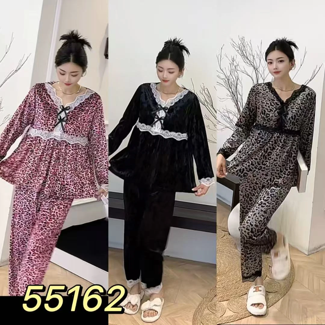 秋冬新款豹纹欧式长袖时尚蕾丝宽松大码显瘦女士家居服套装裙子