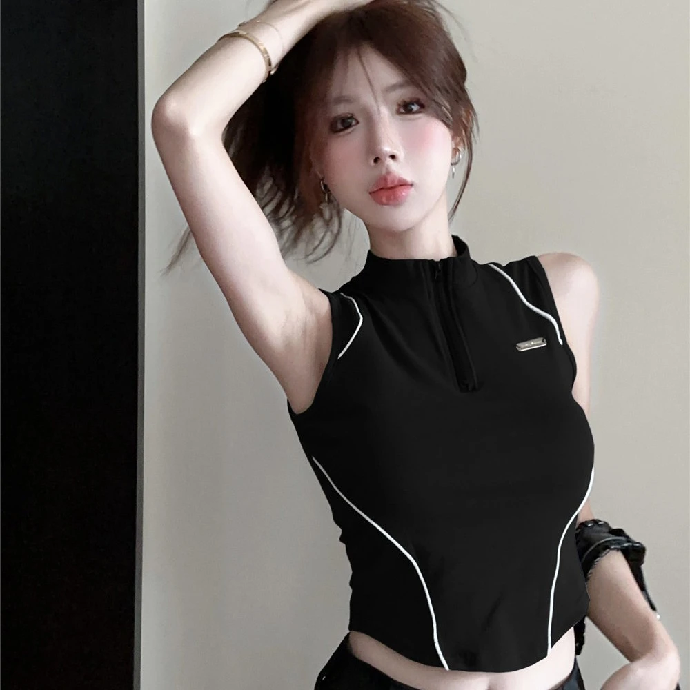 美式撞色半拉链无袖显瘦背心女通勤夏季辣妹修身运动短款露背上衣